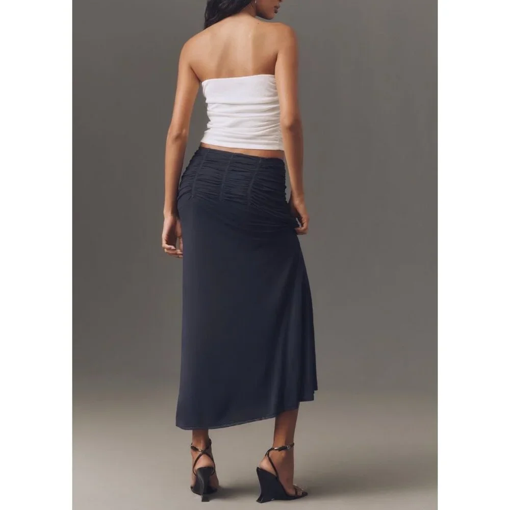 Maeve Anthropologie Ruched Yoke Column Maxi Skirt Size 2X Navy Storm